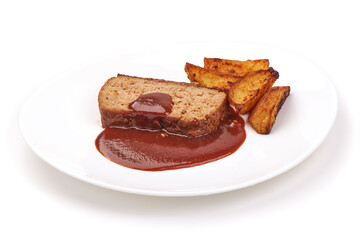 Baked traditional meatloaf slices with red sauce, isolated on white background
