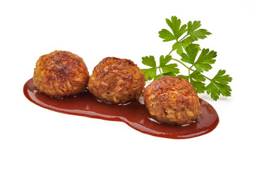 Cooked Meatballs in Red Sauce, isolated on white background