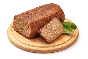 Traditional American meatloaf, isolated on white background