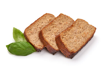 Homemade ground baked turkey meatloaf, isolated on white background
