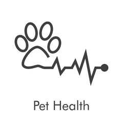 Asistencia sanitaria para mascotas. Logotipo lineal zarpa de gato con pulso cardíaco en color gris