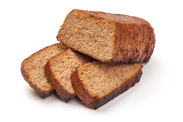 Baked turkey meatloaf, isolated on white background