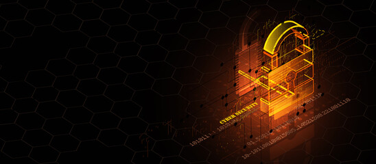 Isometric internet digital security technology concept for business background. Lock on circuit board