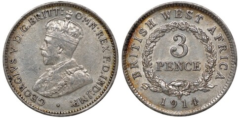 British West Africa silver coin, 3 three pence 1914, bust of King George V in rich mantle left, denomination within circular wreath, date below, small letter H for Heaton mint,