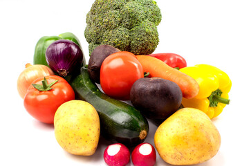 Fresh vegetables on white background with place for text