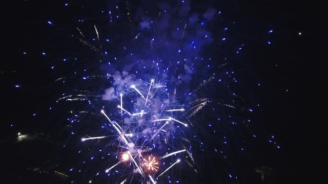 Wide aerial, firework show illuminates night sky in Utah