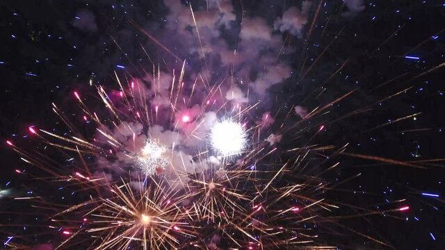 Firework show illuminates night sky in Utah, wide aerial