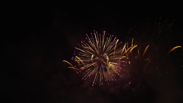 Purple and white fireworks in night sky, wide aerial