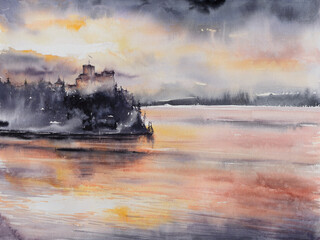 Fototapeta premium Medieval castle in Niedzica by lake Czorsztyn, Poland. Picture created with watercolors.