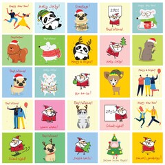 Vector illustration of christmas cats, pigs, rats and dogs with Christmas and new year greetings.