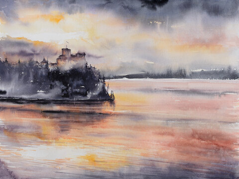 Medieval castle in Niedzica by lake Czorsztyn, Poland. Picture created with watercolors.