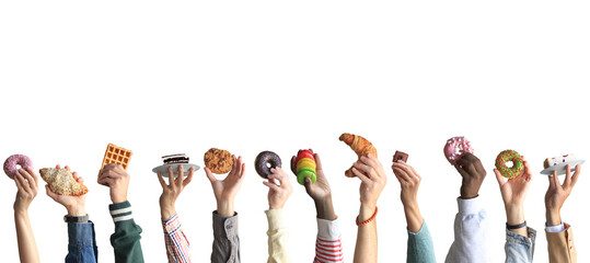 People are holding different desserts in their hands. The concept of food and sweets.