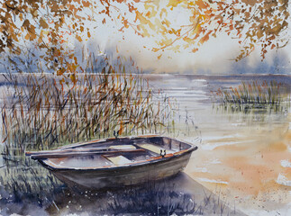 Fishing boat on the shore of a forest reservoir. Picture created with watercolors.