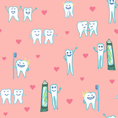 Whimsical dental seamless vector repeat pattern with happy smiling teeth tooth characters holding toothbrushes and toothpaste, surrounded by hearts on a pink ground