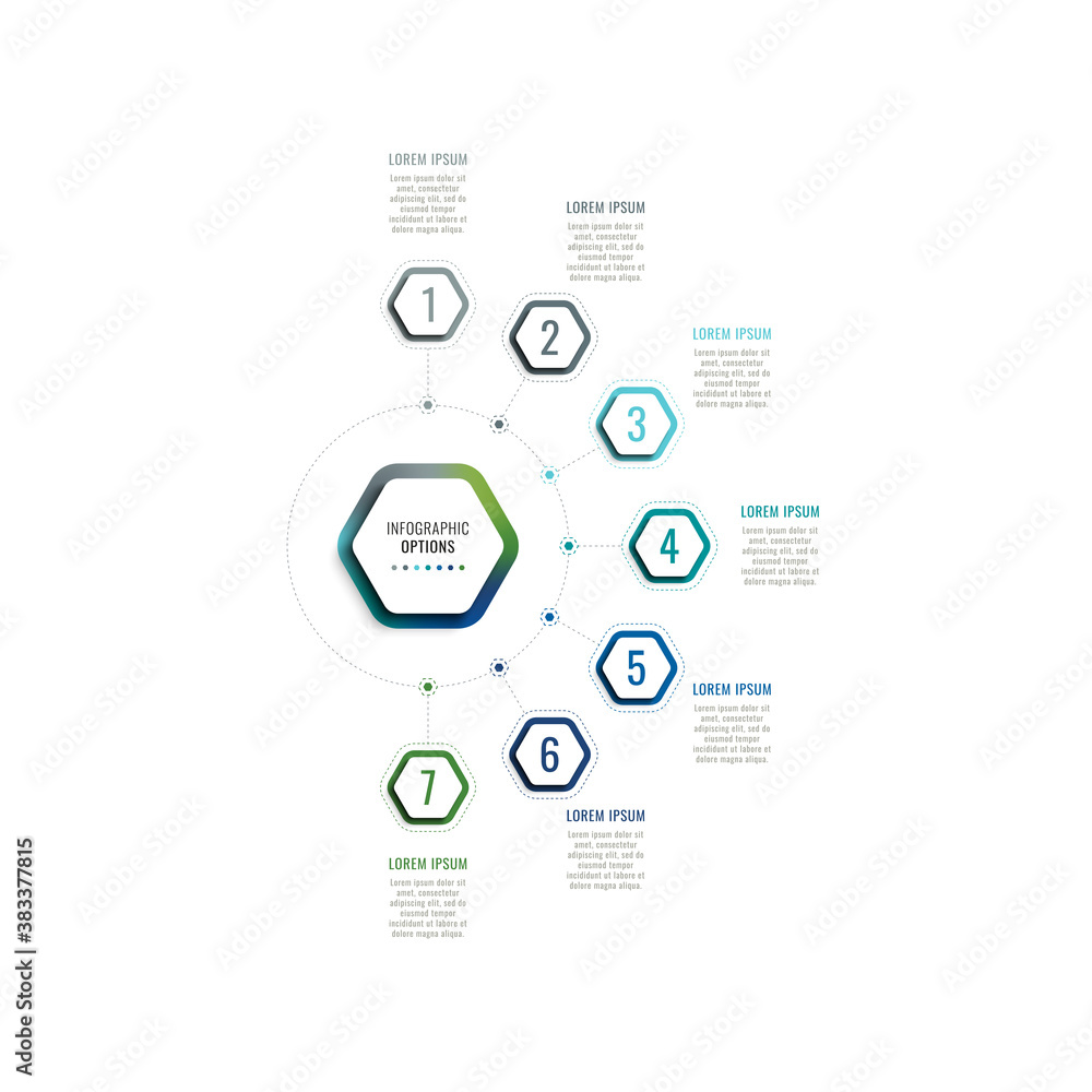 Aufkleber infographic template with seven hexagonal elements and text boxes on a white background. modern busi