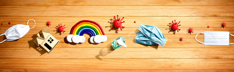 Coronavirus and Covid-19 theme objects - flat lay