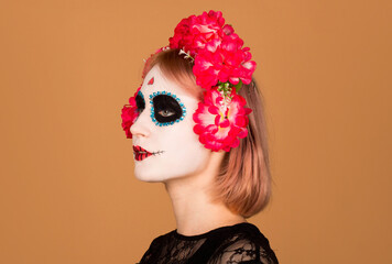 Profile headshot photo of calavera katrina latin folklore creature prepare masqeurade main role...