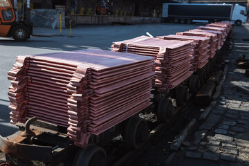 Copper bars in the smelter loaded for rail transport