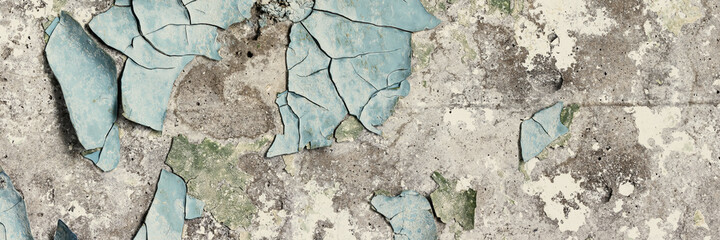 Peeling paint on the wall. Panorama of a concrete wall with old cracked flaking paint. Weathered...
