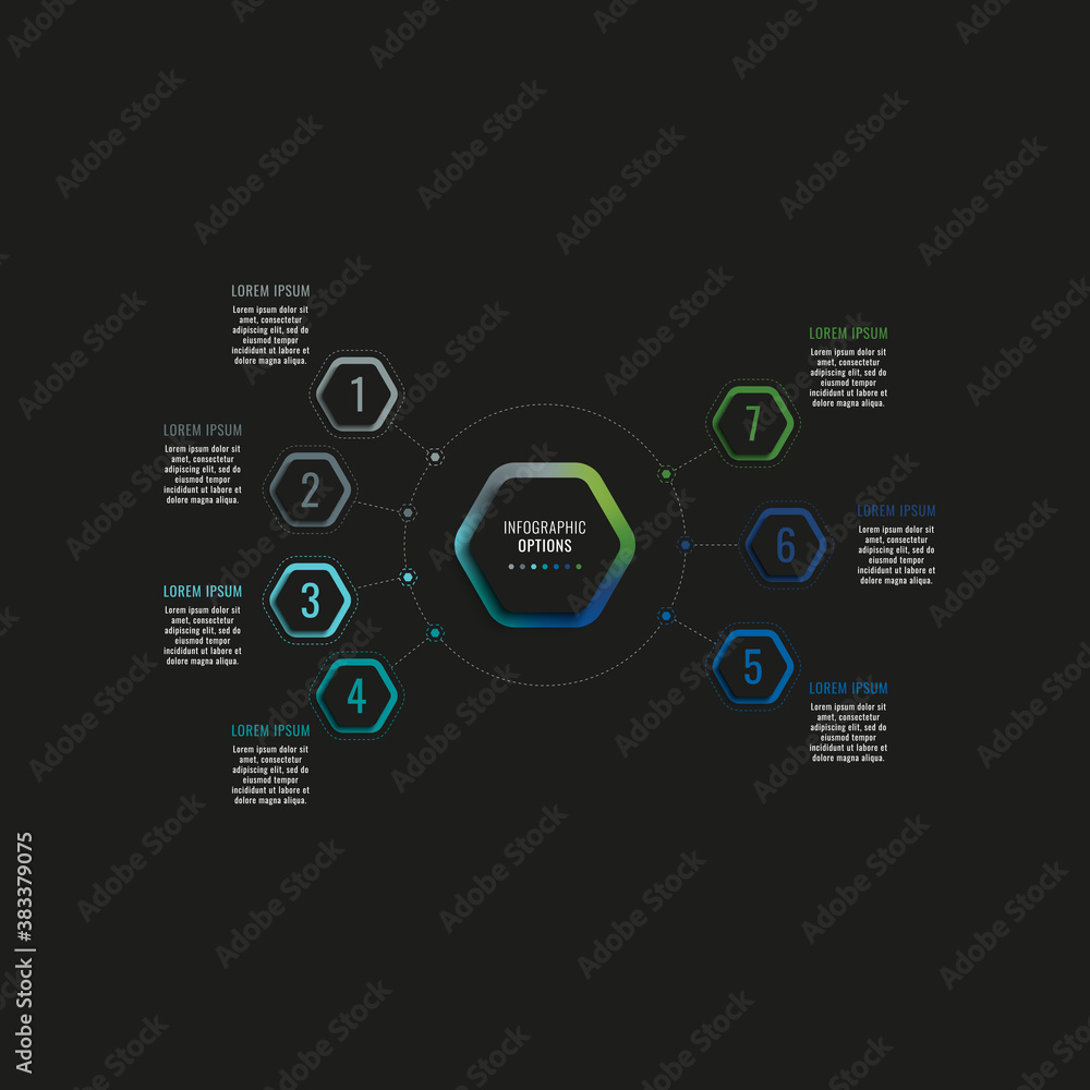 Aufkleber Infographic template with seven hexagonal elements and text boxes on a black background. Modern business process data visualization. Vector illustration easy to edit and customize. Eps 10	