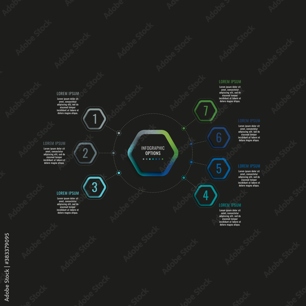 Aufkleber Infographic template with seven hexagonal elements and text boxes on a black background. Modern business process data visualization. Vector illustration easy to edit and customize. Eps 10	