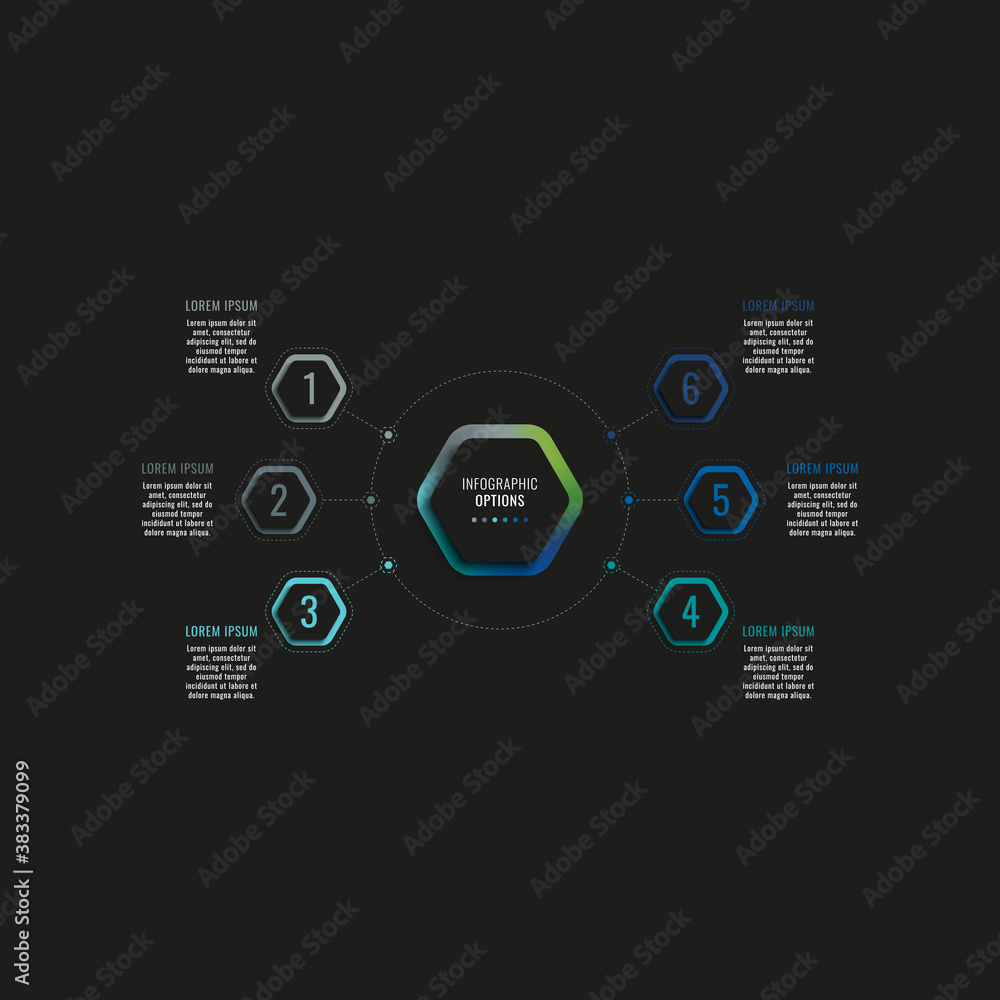 Aufkleber infographic template with six hexagonal elements and text boxes on a black background. modern busine