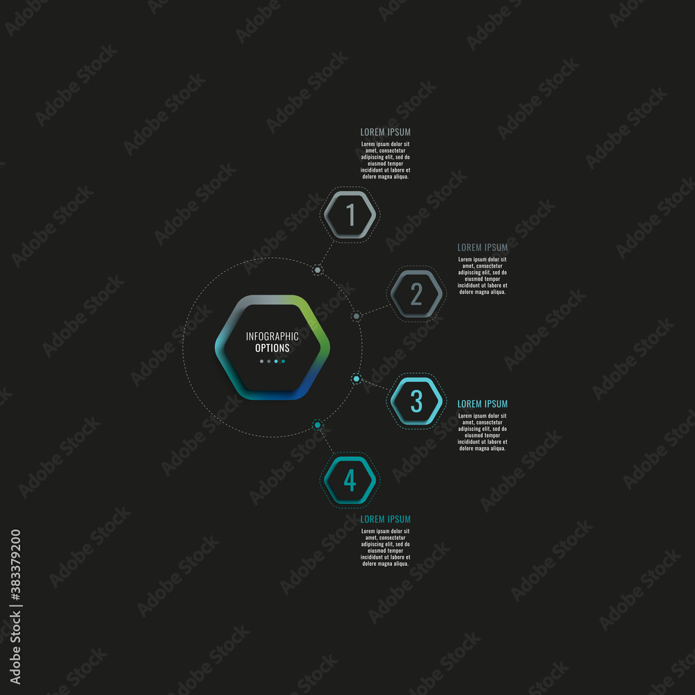 Aufkleber infographic template with four hexagonal elements and text boxes on a black background. modern busin