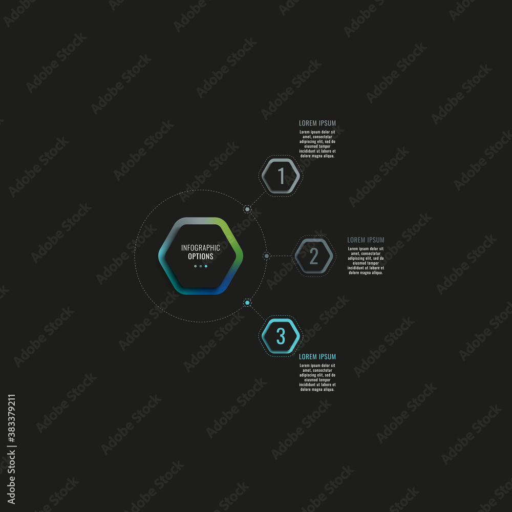 Aufkleber infographic template with three hexagonal elements and text boxes on a black background. modern busi