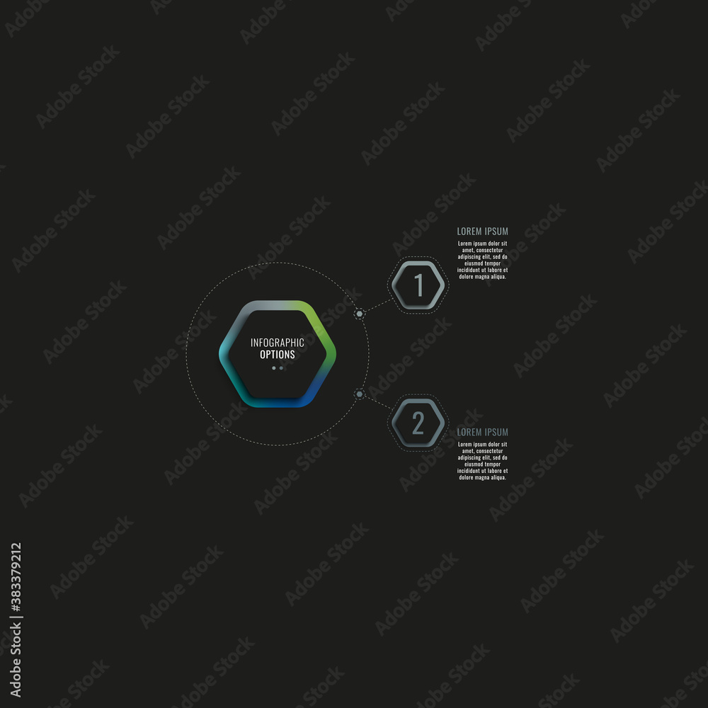 Poster infographic template with two hexagonal elements and text boxes on a black background. modern busine
