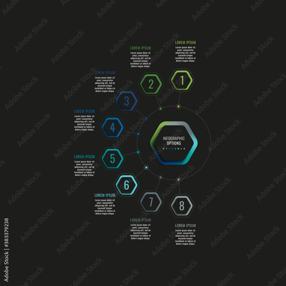 Poster infographic template with eight hexagonal elements and text boxes on a black background. modern busi