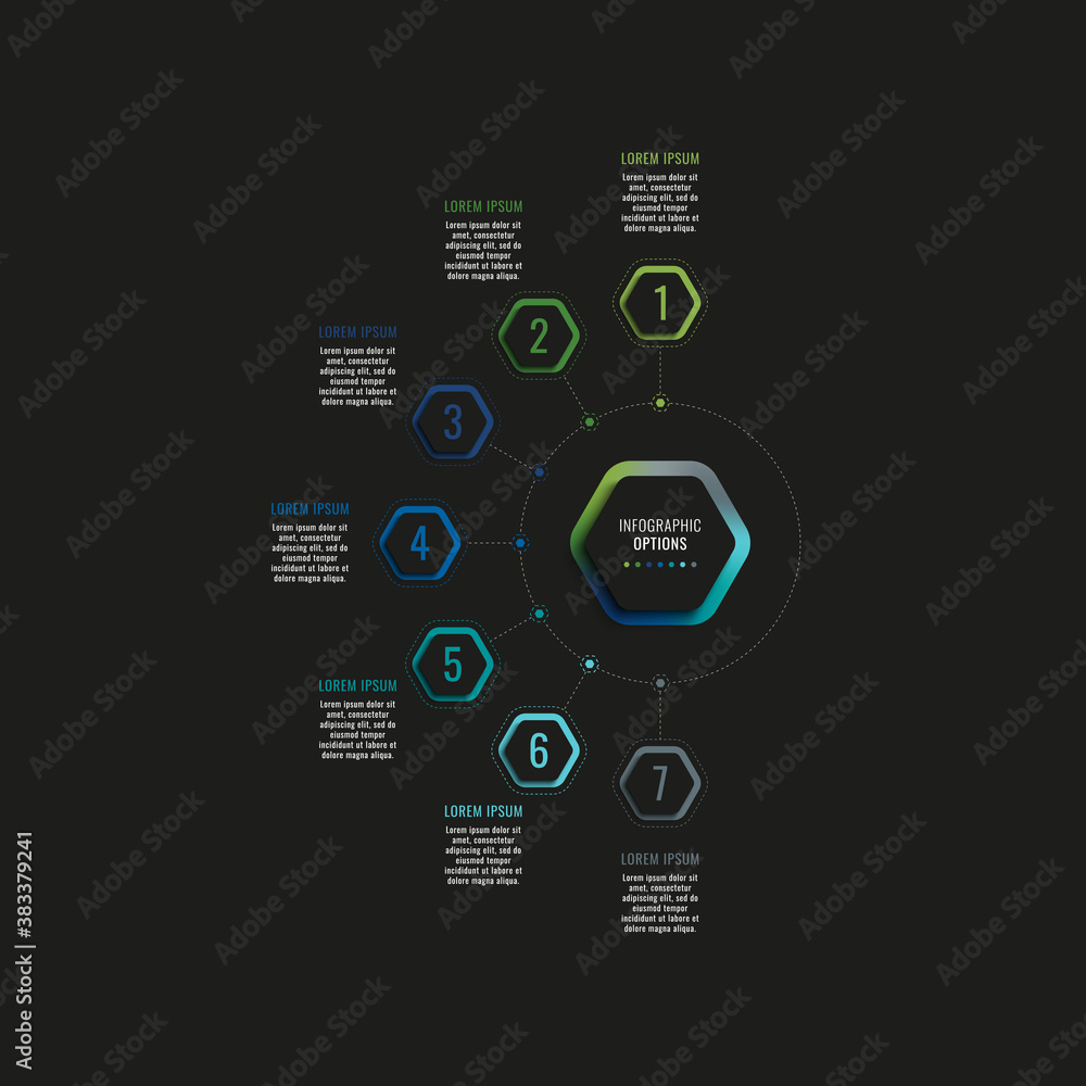 Aufkleber infographic template with seven hexagonal elements and text boxes on a black background. modern busi