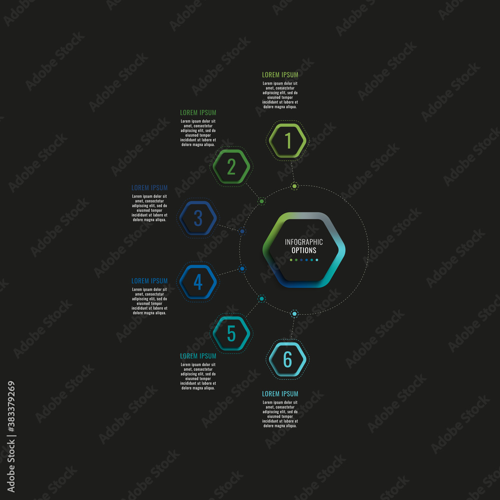 Aufkleber infographic template with six hexagonal elements and text boxes on a black background. modern busine