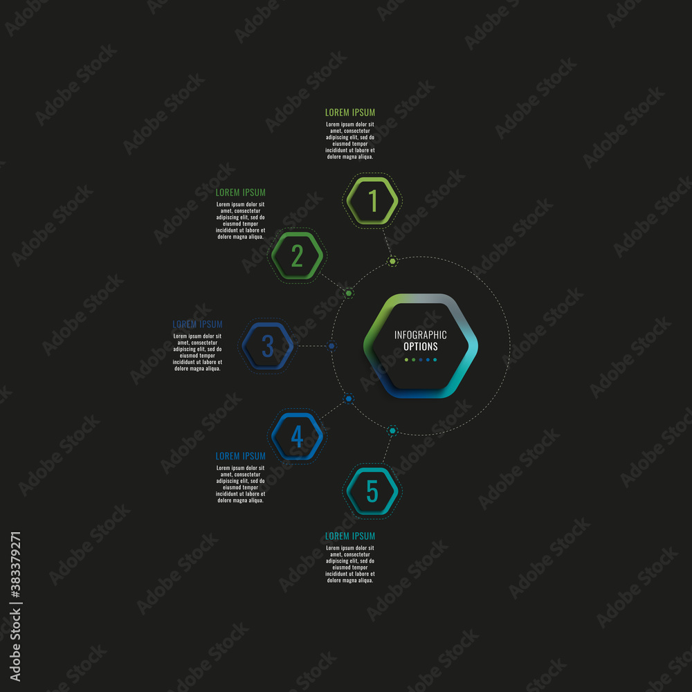 Poster infographic template with five hexagonal elements and text boxes on a black background. modern busin