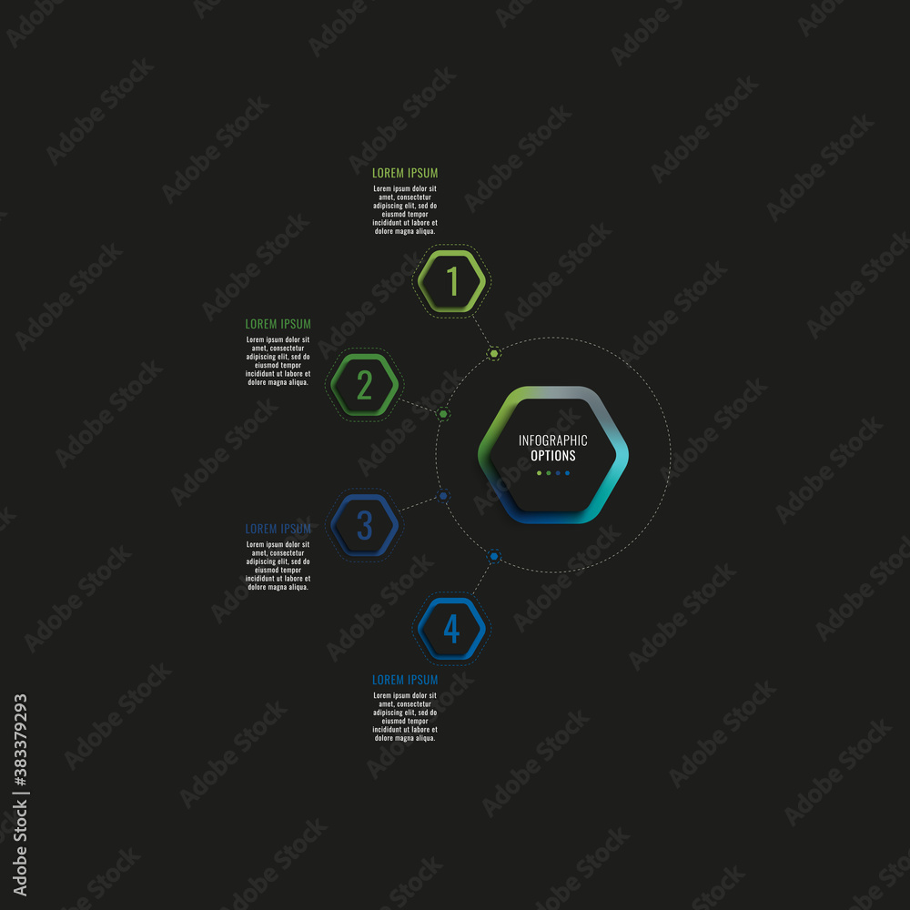 Aufkleber infographic template with four hexagonal elements and text boxes on a black background. modern busin