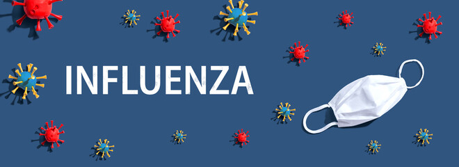 Fototapeta na wymiar Coronavirus Influenza theme with virus and a white mask - flat lay