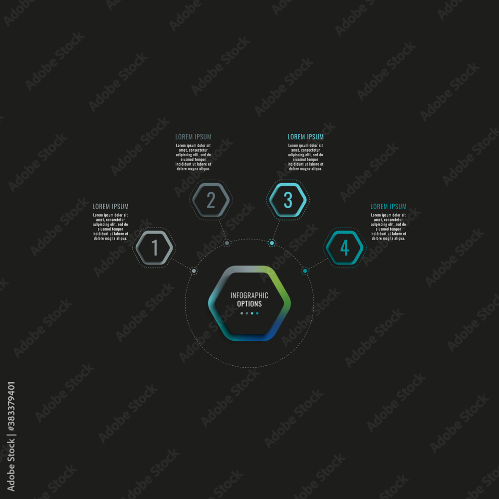 Aufkleber infographic template with four hexagonal elements and text boxes on a black background. modern busin