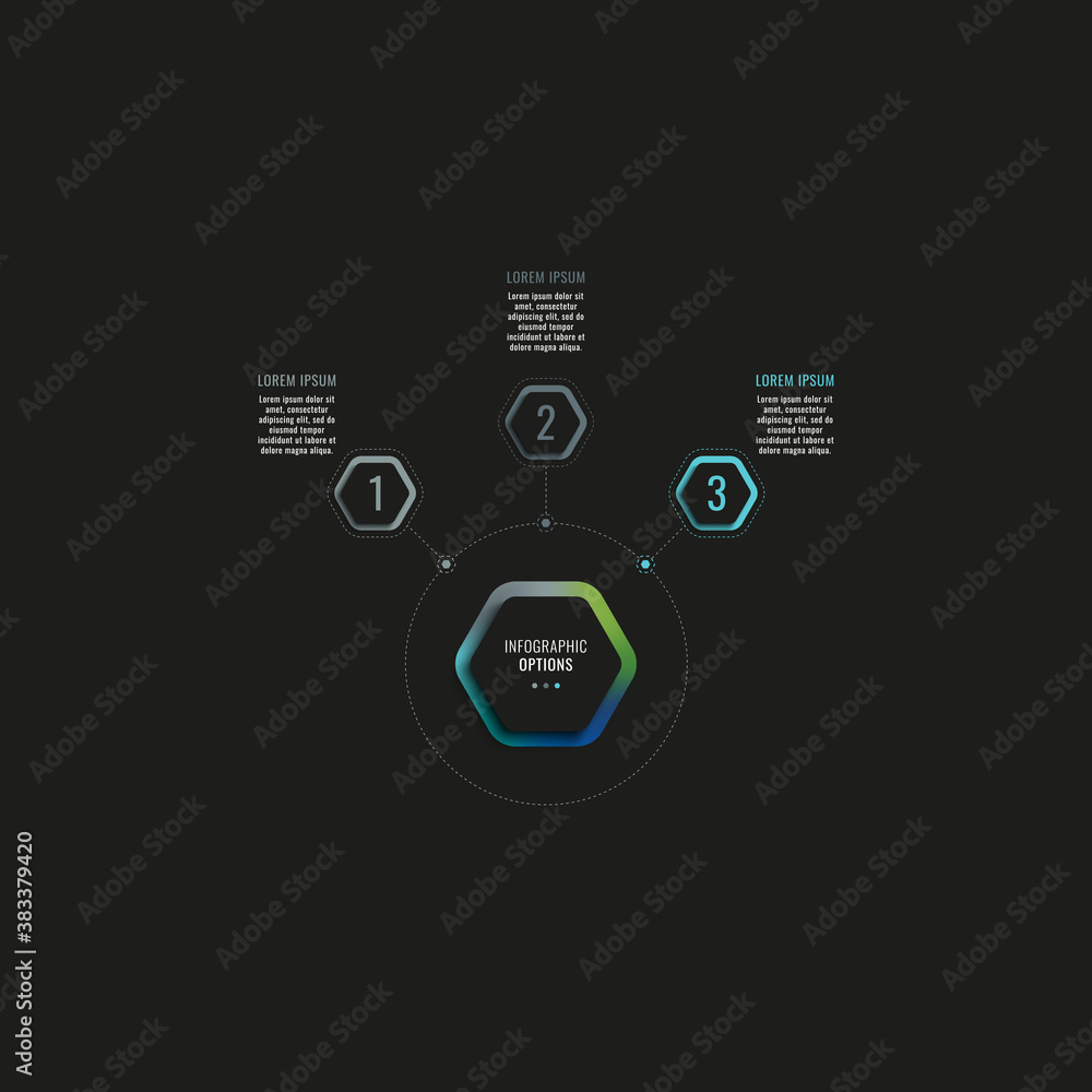 Aufkleber infographic template with three hexagonal elements and text boxes on a black background. modern busi