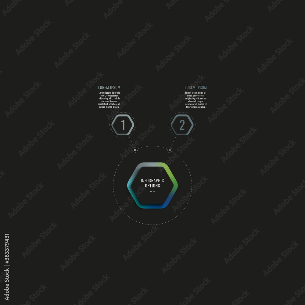Aufkleber infographic template with two hexagonal elements and text boxes on a black background. modern busine
