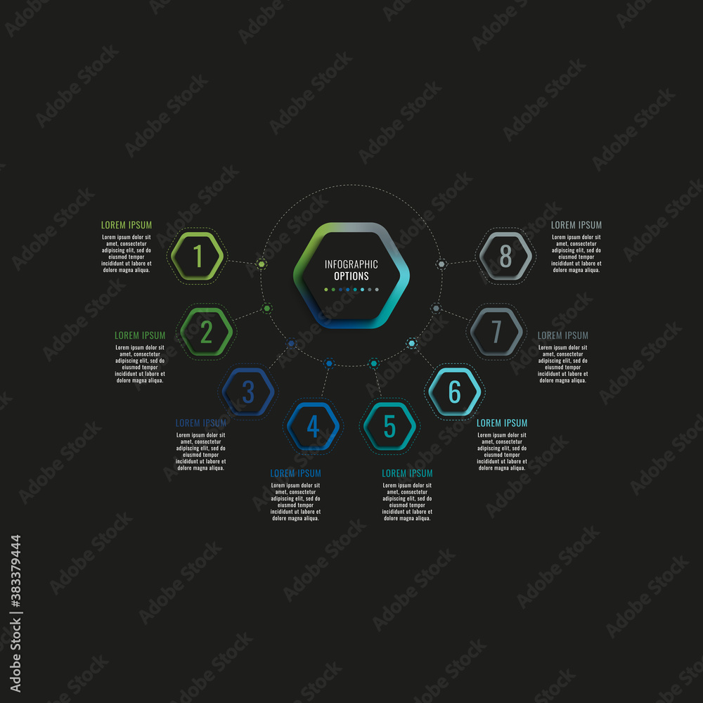 Aufkleber infographic template with eight hexagonal elements and text boxes on a black background. modern busi