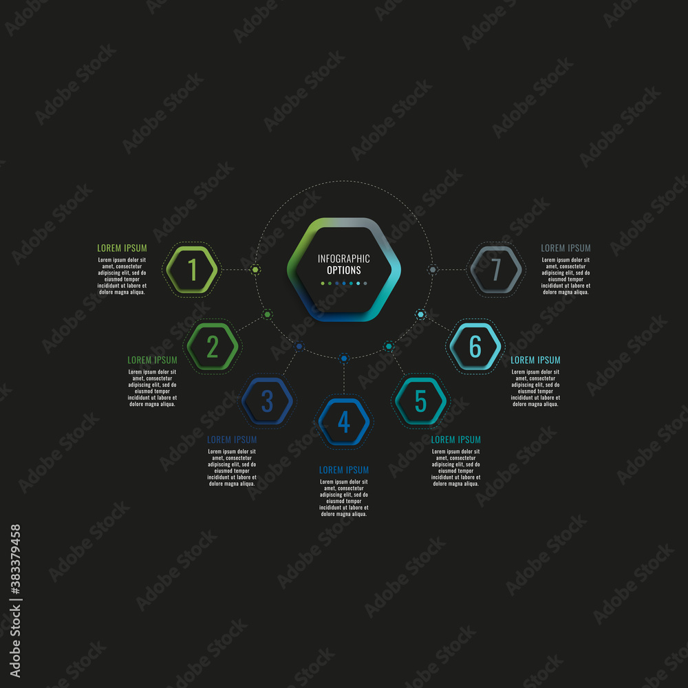Poster infographic template with seven hexagonal elements and text boxes on a white background. modern busi
