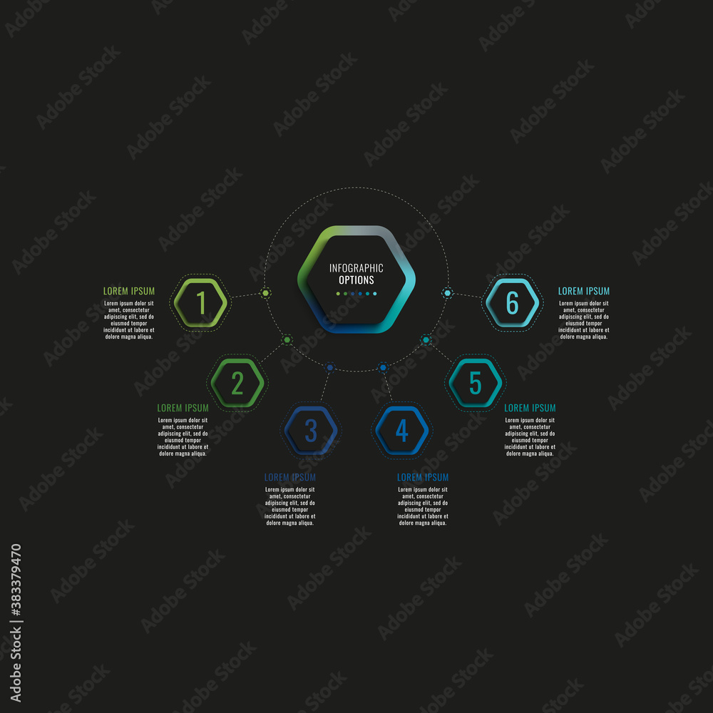 Aufkleber infographic template with six hexagonal elements and text boxes on a white background. modern busine