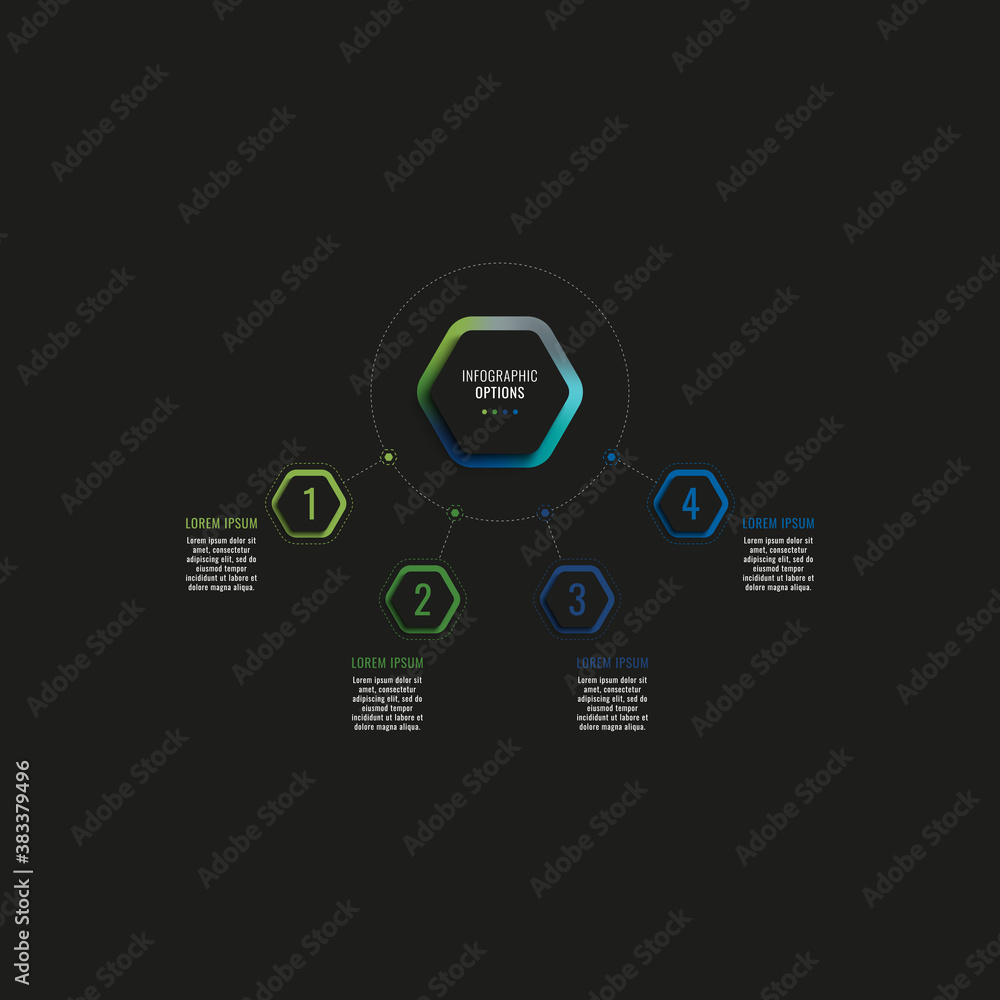 Aufkleber infographic template with four hexagonal elements and text boxes on a white background. modern busin