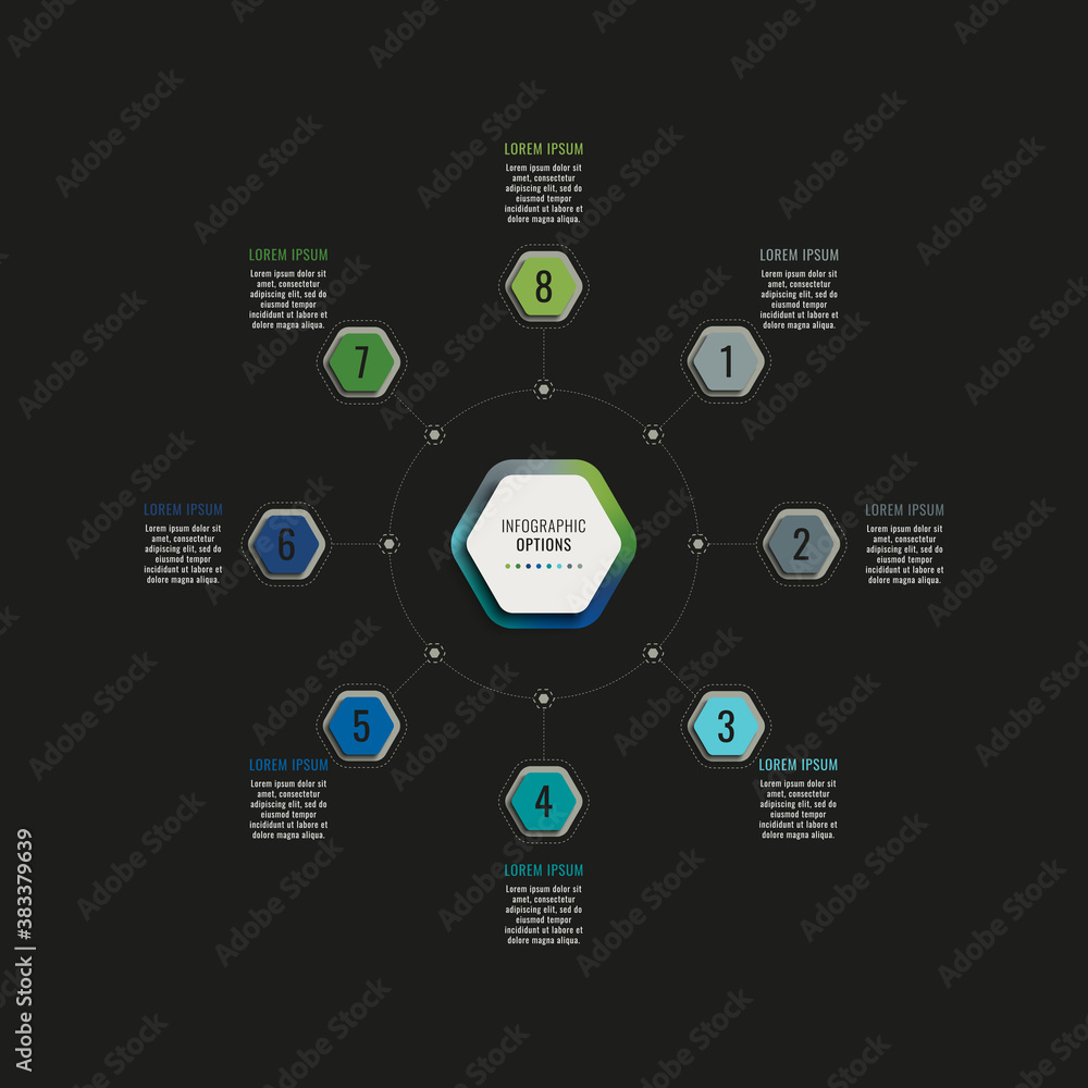 Aufkleber infographic template with eight hexagonal elements on a black background. modern business process vi