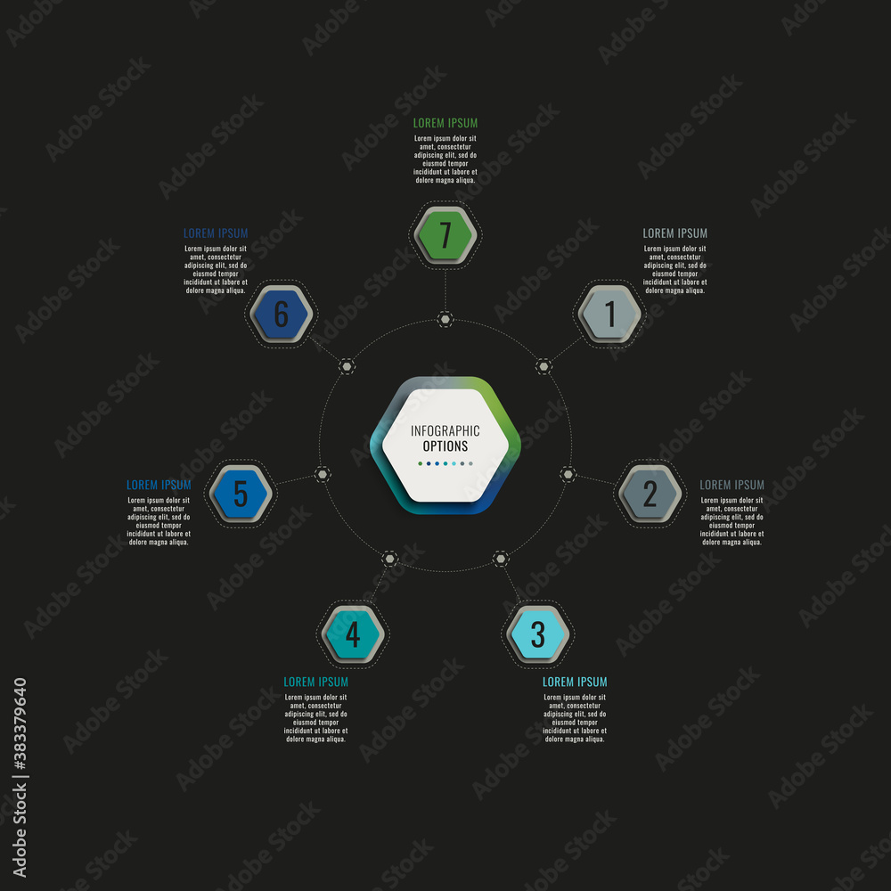 Aufkleber infographic template with seven hexagonal elements on a black background. modern business process vi