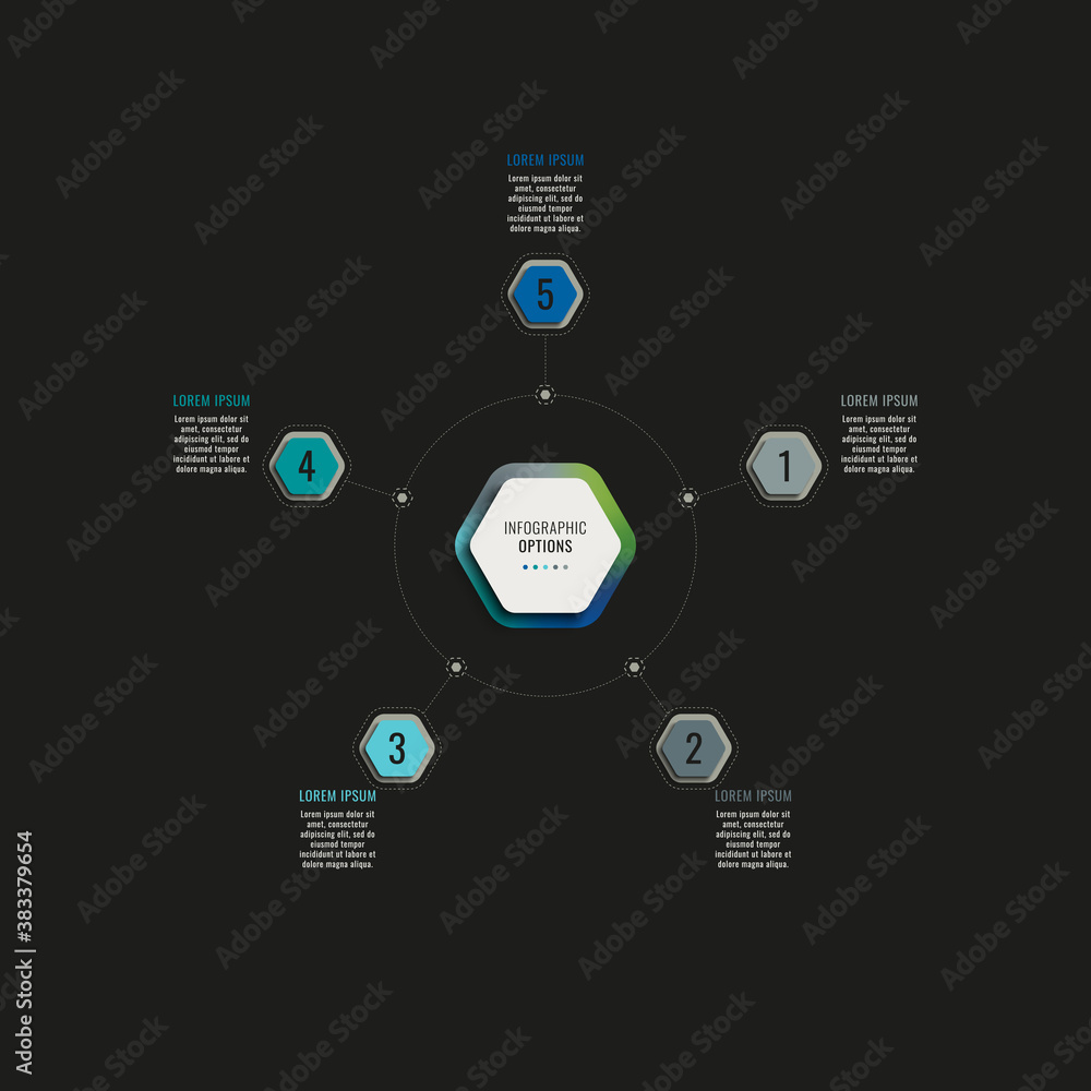 Aufkleber infographic template with five hexagonal elements on a black background. modern business process vis