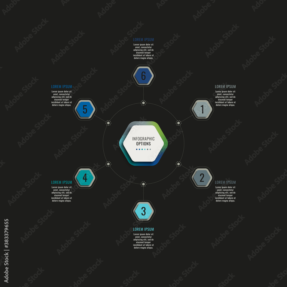 Aufkleber infographic template with six hexagonal elements on a black background. modern business process visu