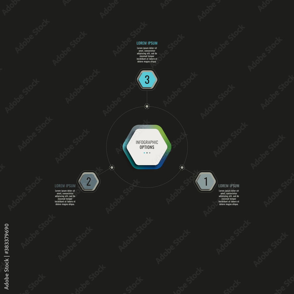Fototapete infographic template with three hexagonal elements on a black background. modern business process vi
