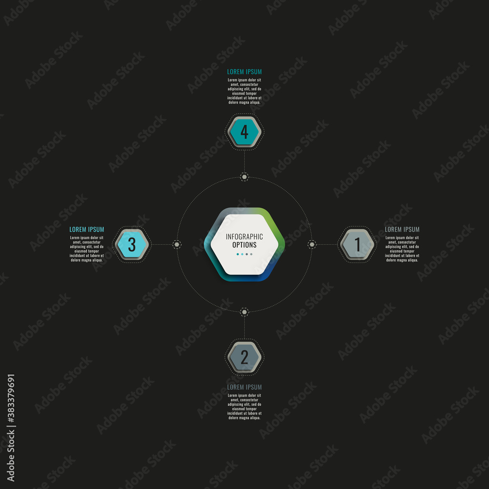 Fototapete infographic template with four hexagonal elements on a black background. modern business process vis