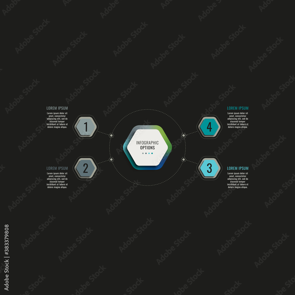 Poster infographic template with four hexagonal elements on a black background. modern business process vis
