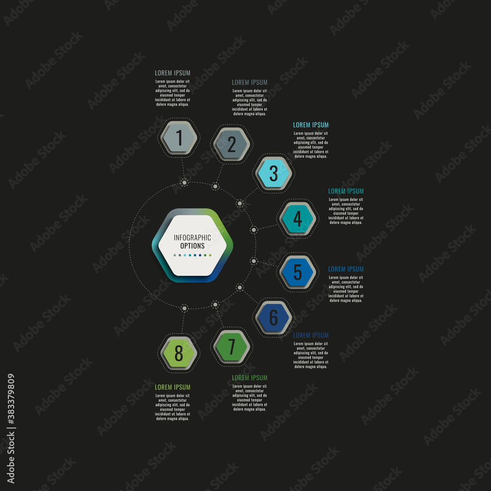 Poster infographic template with eight hexagonal elements on a black background. modern business process vi